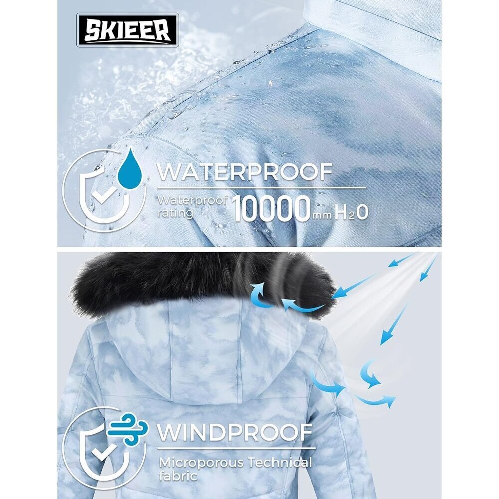 Women's Blue Flora Waterproof Ski Winter Warm Puffer Thick Hooded Winter Jacket - Picture 6 of 6